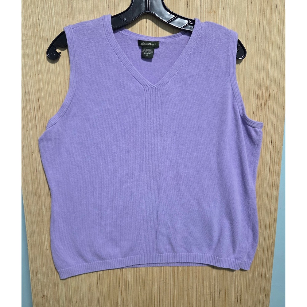Eddie Bauer Womens XL Purple Cotton V-Neck Sleeveless Knit Sweater Vest Lavender
